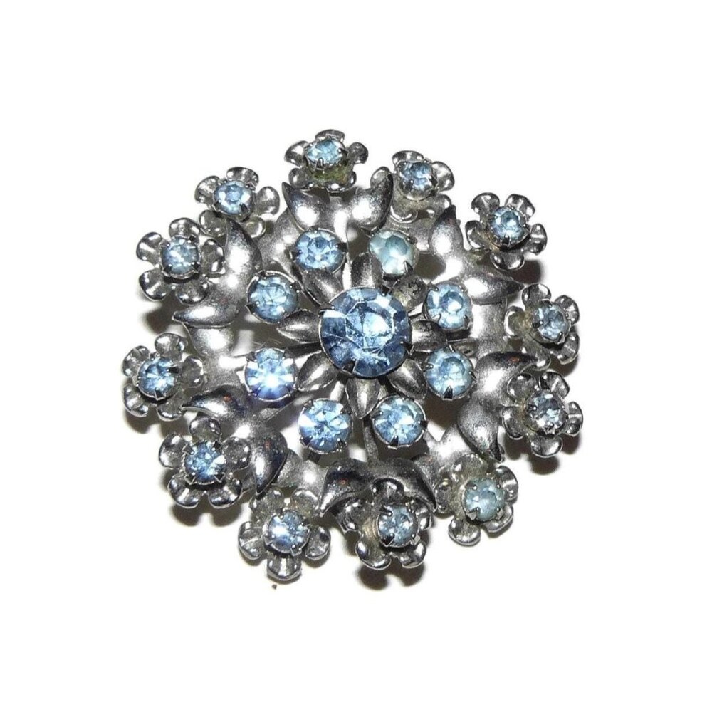 Vintage Prong Set Blue Rhinestone Brooch, Large Flower Rhinestone Brooch,